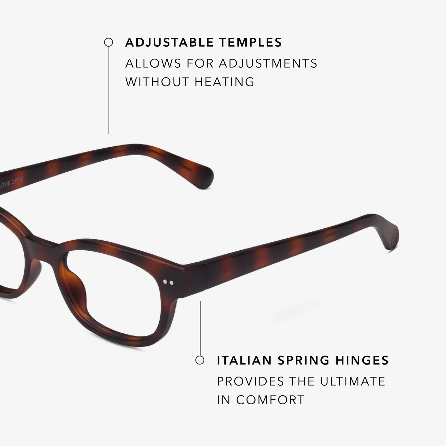 
Rectangle tortoise frames with clear lenses, shown in a close angled view.
