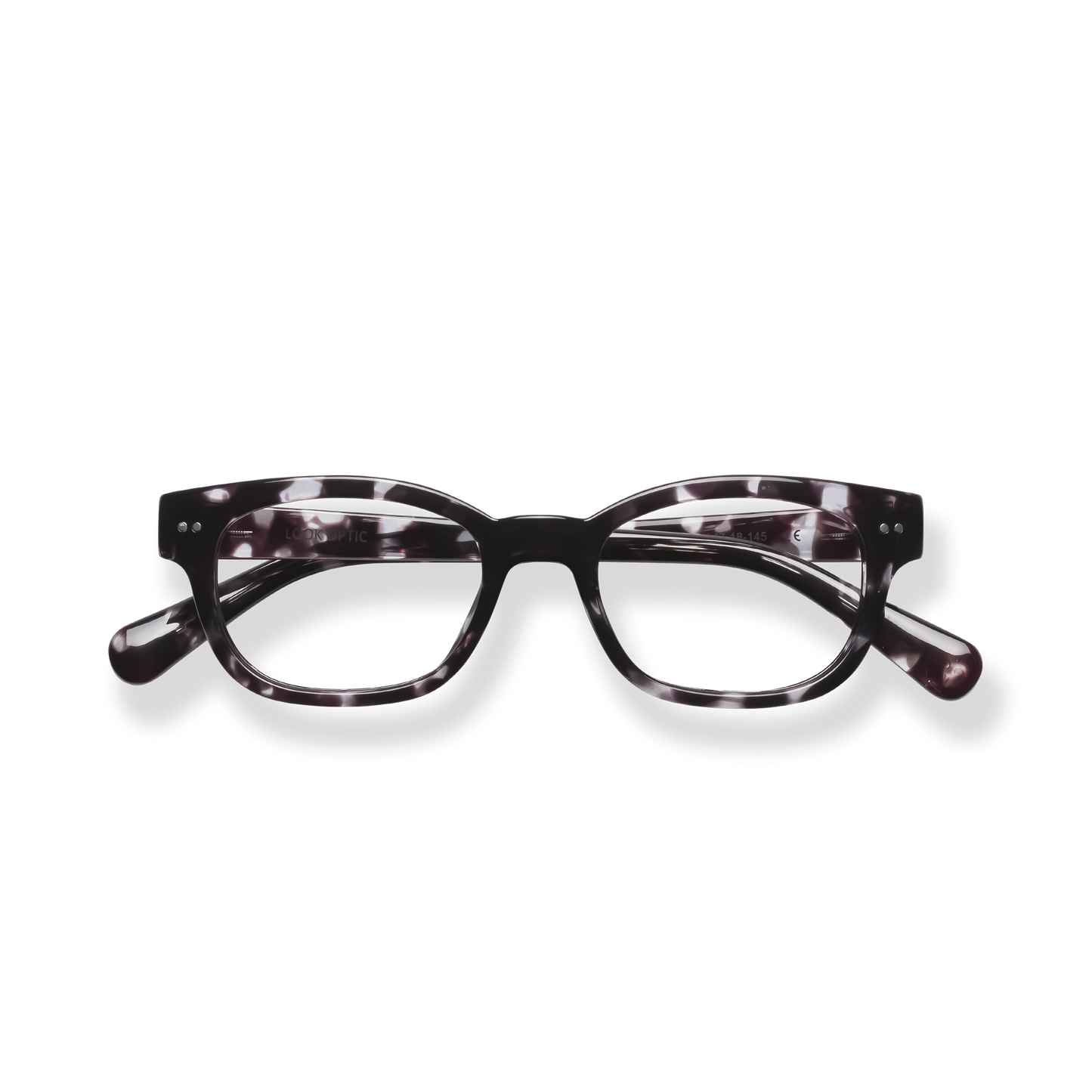 
Tortoiseshell rectangular reading glasses with clear lenses on a black background.