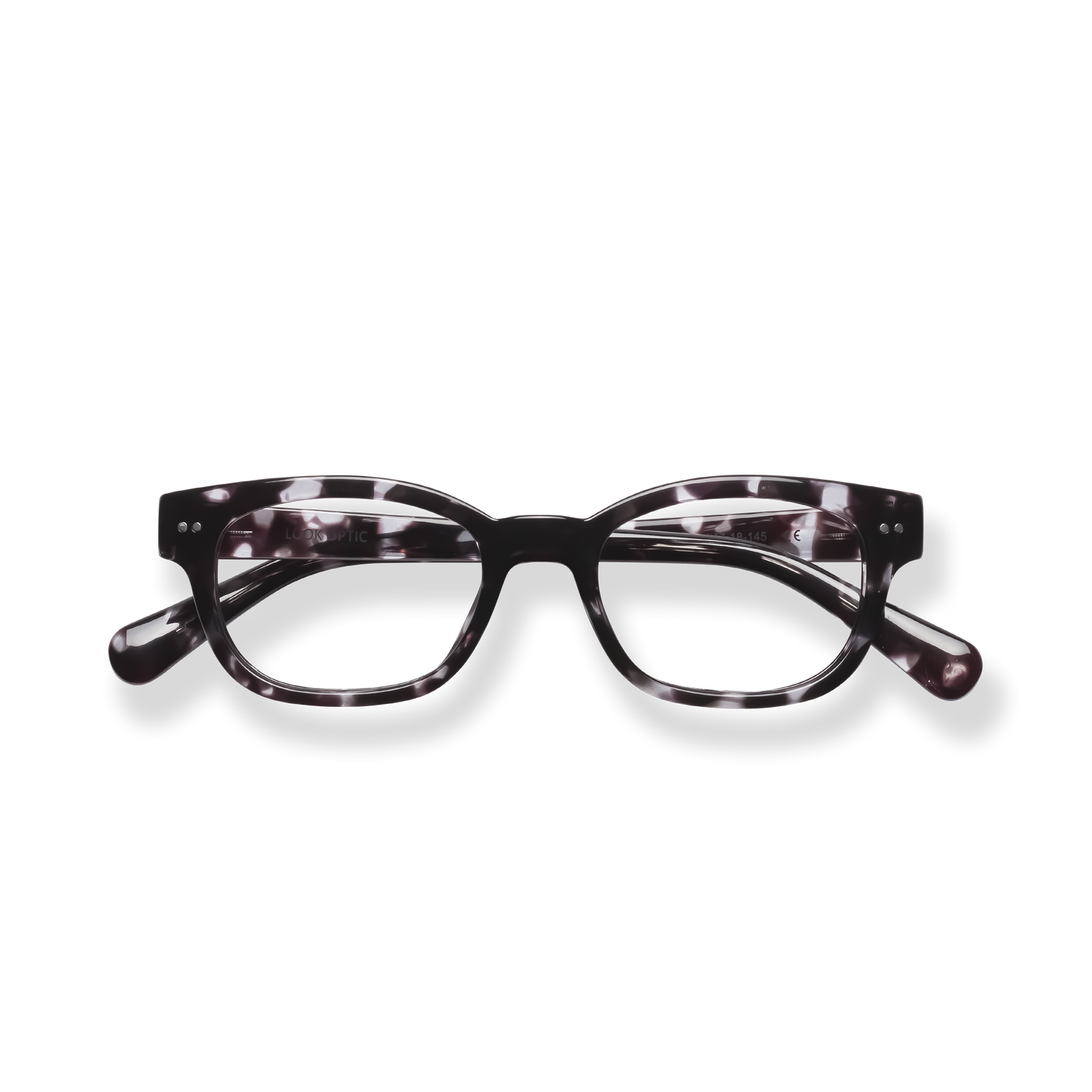 
Tortoiseshell rectangular reading glasses with clear lenses on a black background.