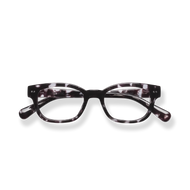
Tortoiseshell rectangular reading glasses with clear lenses on a black background.