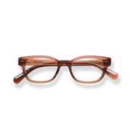 
Transparent brown rectangular eyeglasses with tortoiseshell accents.