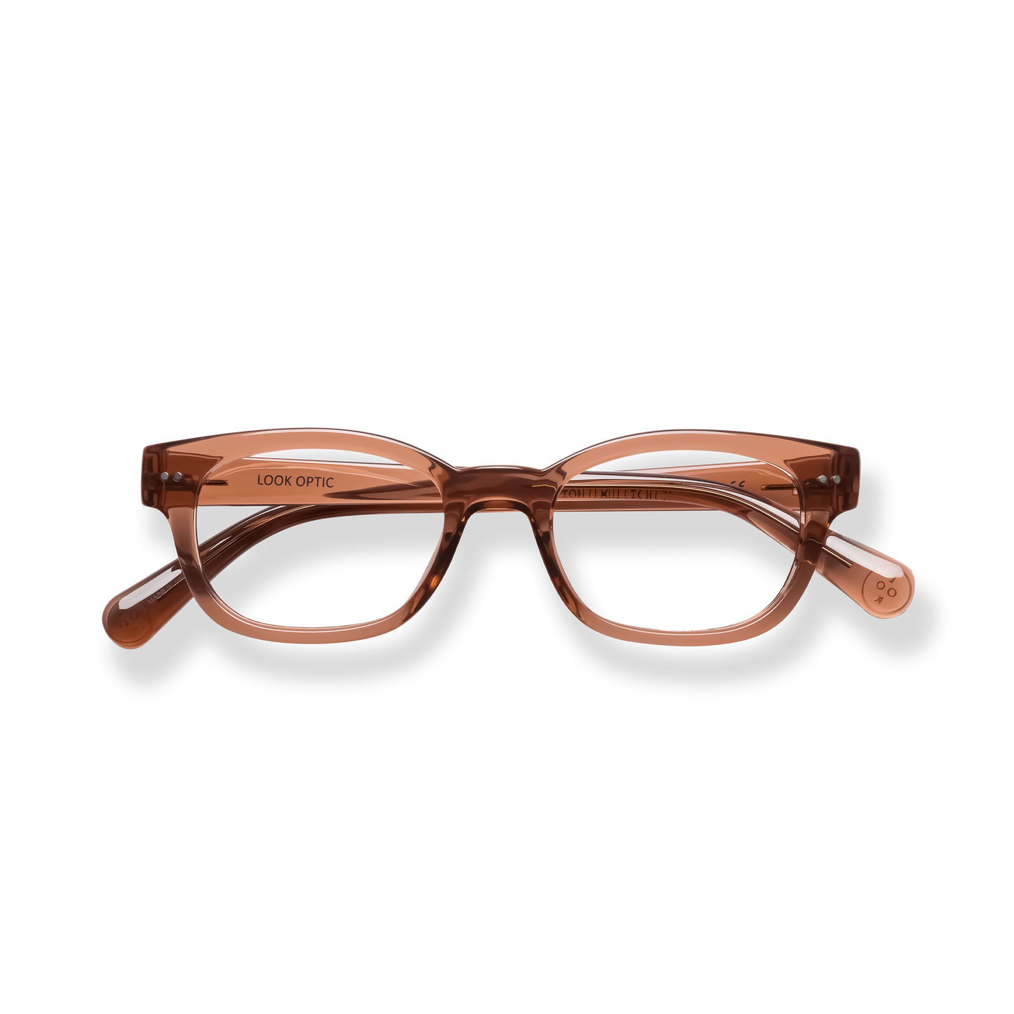 
Transparent brown rectangular eyeglasses with tortoiseshell accents.