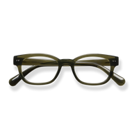 
Olive green rectangular reading glasses with black accents and clear lenses.