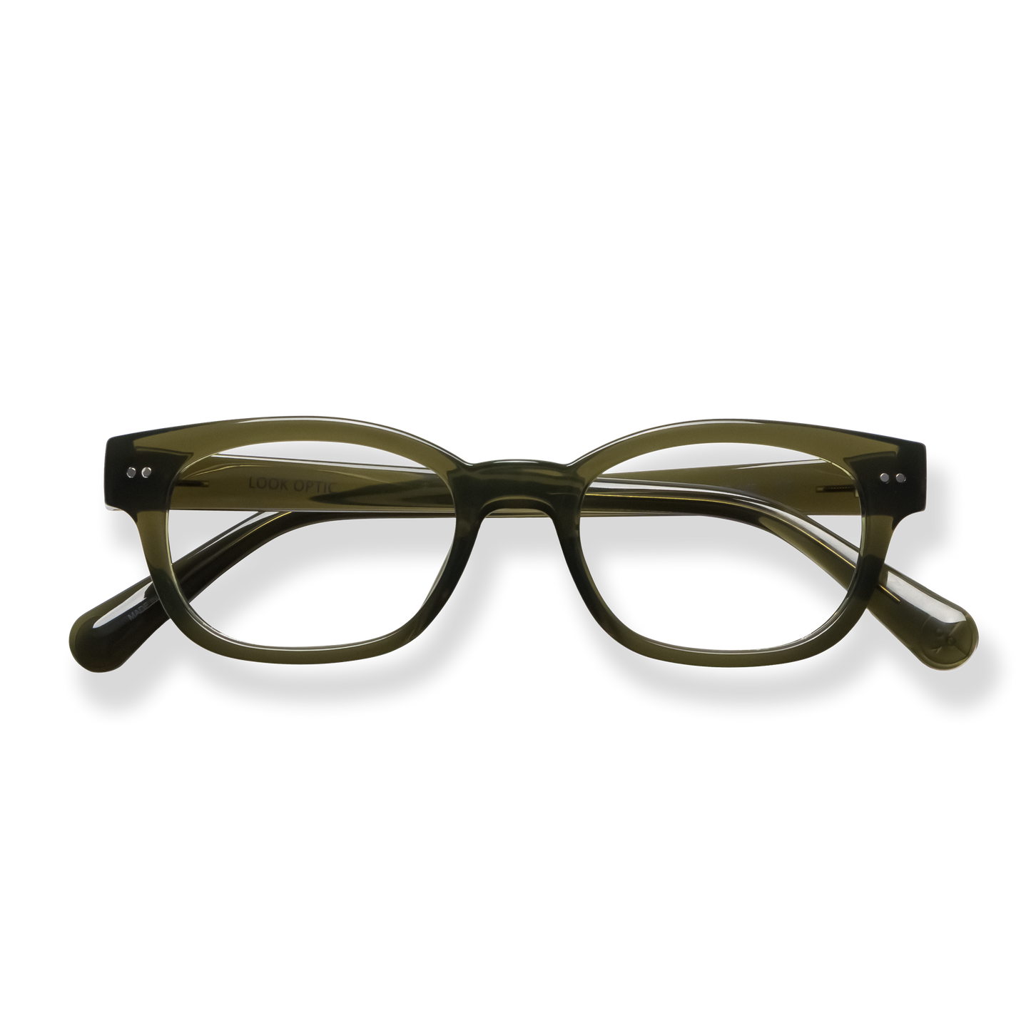 
Olive green rectangular reading glasses with black accents and clear lenses.