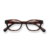 
Tortoiseshell rectangular eyeglasses with dark brown temples.
