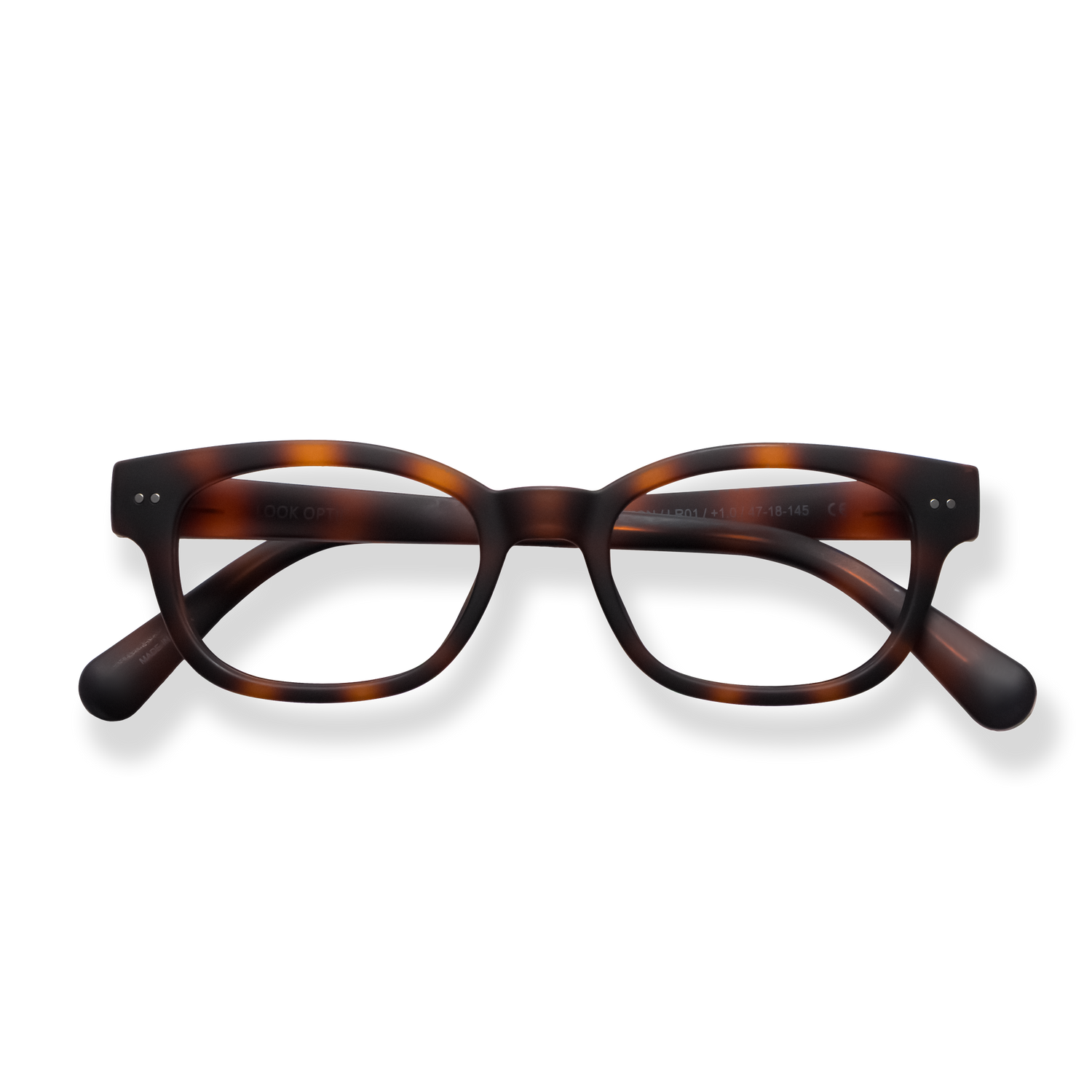 
Tortoiseshell rectangular eyeglasses with dark brown temples.