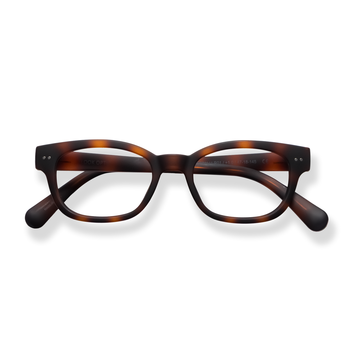 
Tortoiseshell rectangular eyeglasses with dark brown temples.