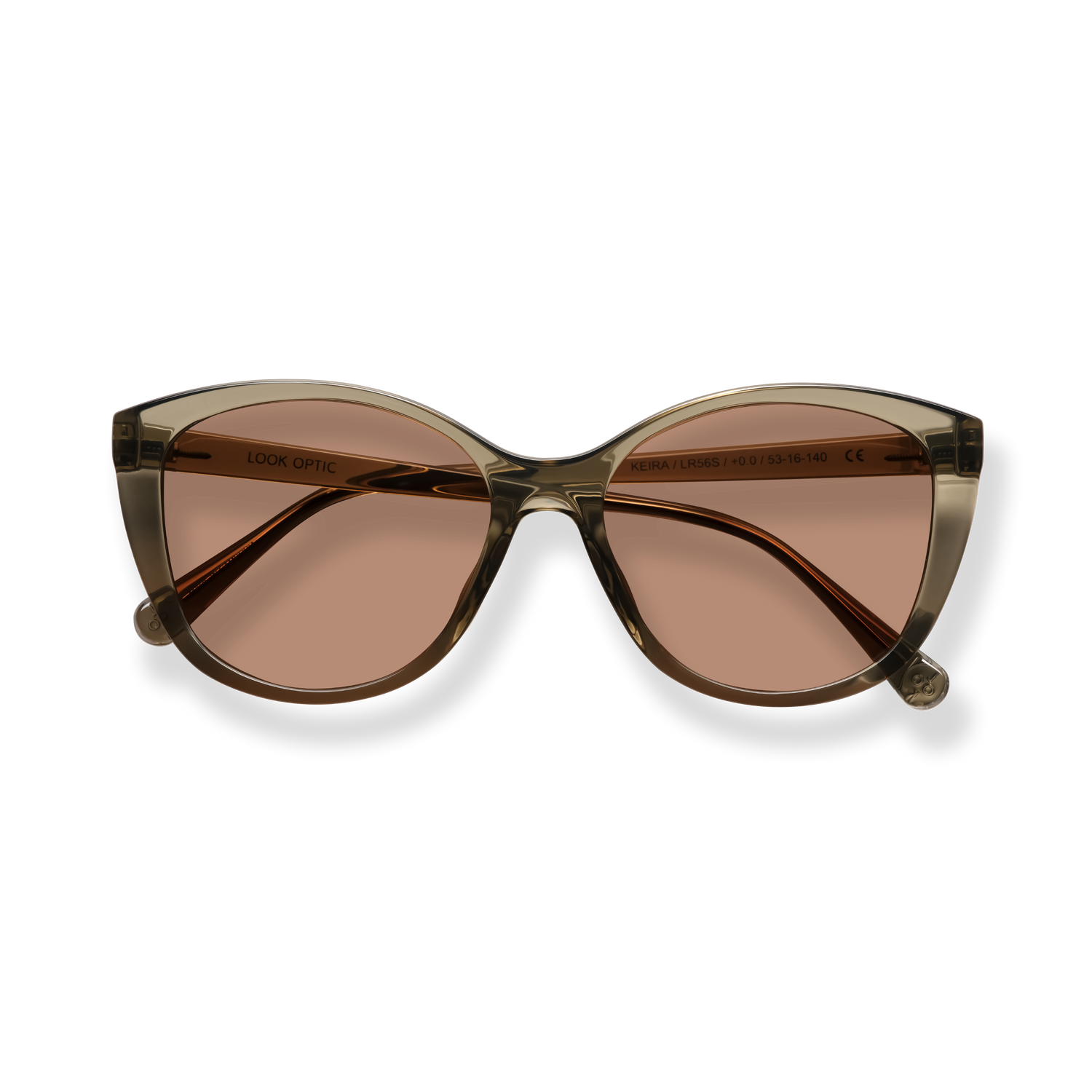 
Brown cat-eye sunglasses with translucent tortoiseshell frames and tinted lenses.