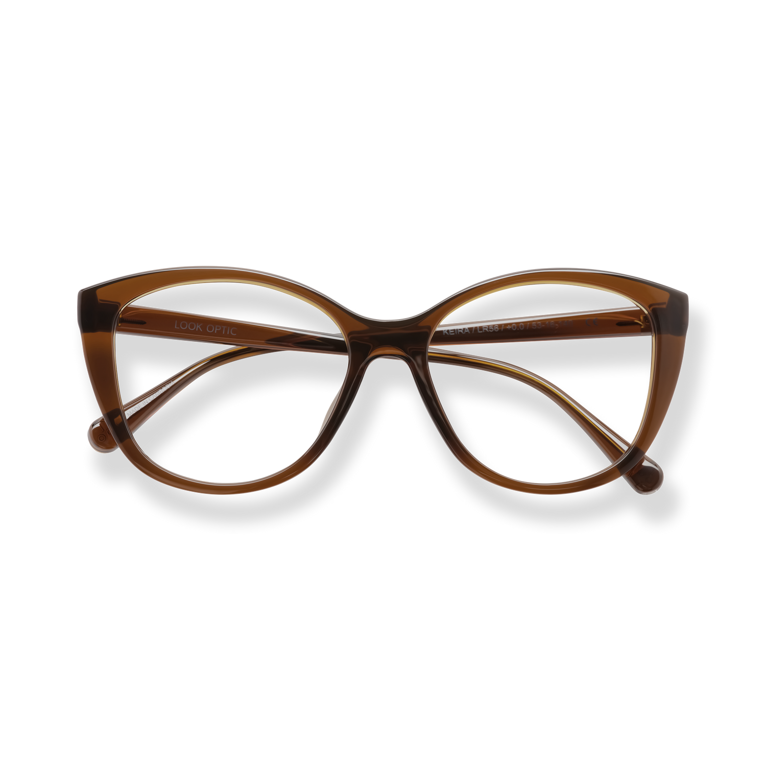 
Tortoiseshell cat-eye reading glasses with brown arms and clear lenses.