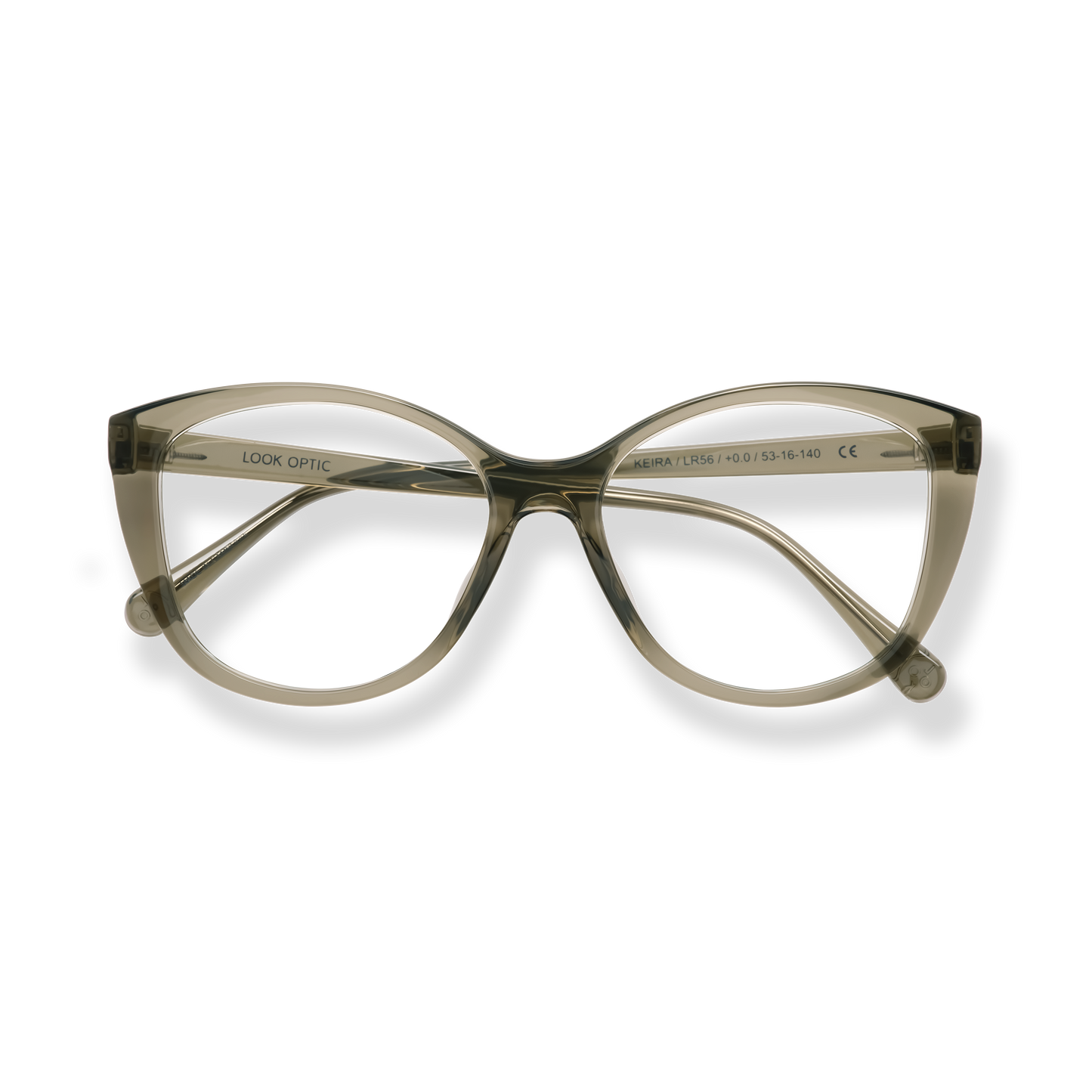 
Olive green cat-eye eyeglasses with tortoiseshell accents and clear lenses.