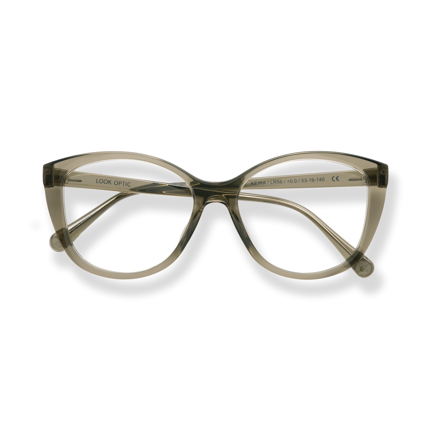
Olive green cat-eye eyeglasses with tortoiseshell accents and clear lenses.