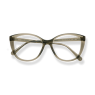 
Olive green cat-eye eyeglasses with tortoiseshell accents and clear lenses.