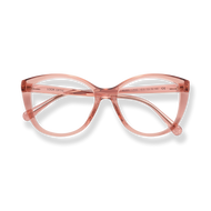 
Translucent pink cat-eye reading glasses with tortoiseshell-style detailing and clear nose pads.