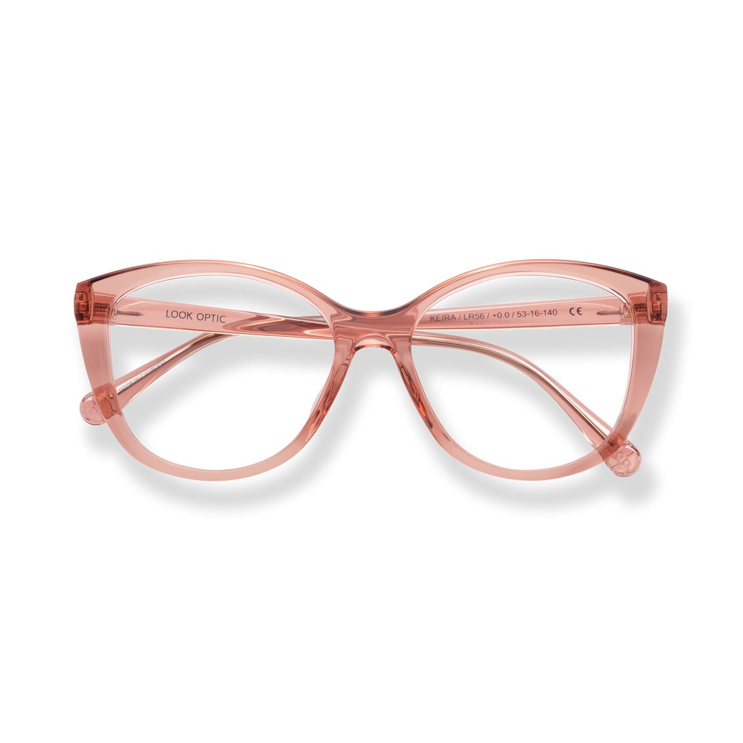 
Translucent pink cat-eye reading glasses with tortoiseshell-style detailing and clear nose pads.
