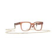 
Square glasses with a translucent rose gold frame and clear lenses.