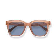 
Peach-colored square sunglasses with blue-gray lenses and subtle metal accents.