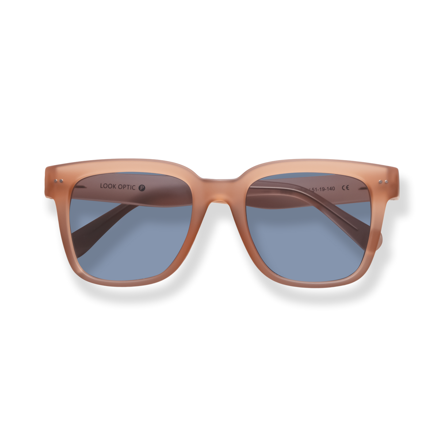 
Peach-colored square sunglasses with blue-gray lenses and subtle metal accents.