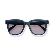 
Dark blue rectangular sunglasses with gray lenses.