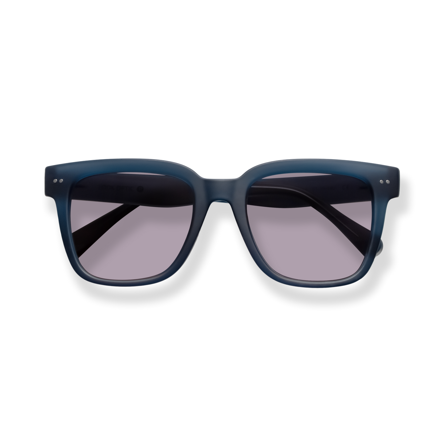 
Dark blue rectangular sunglasses with gray lenses.
