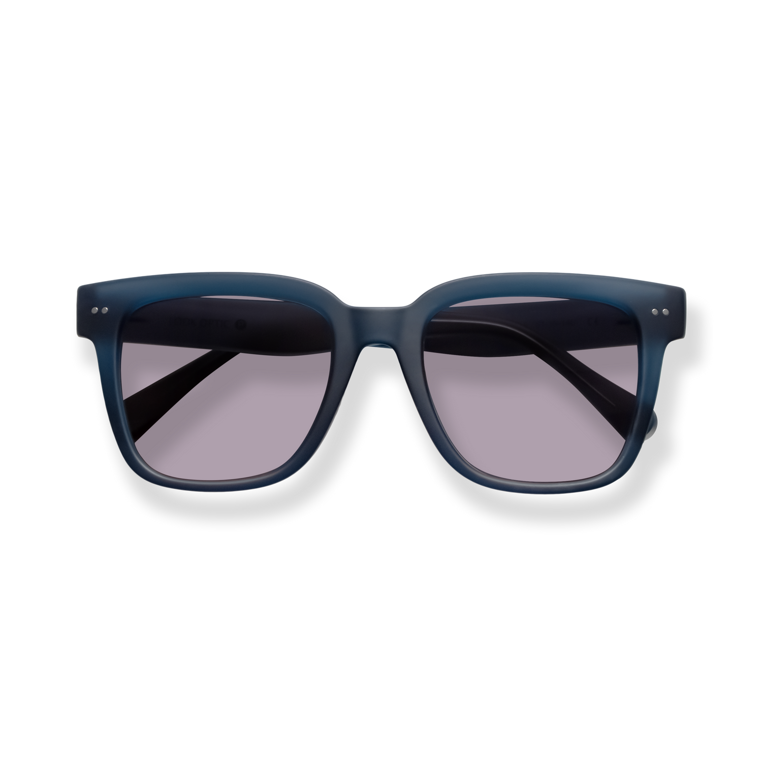 
Dark blue rectangular sunglasses with gray lenses.