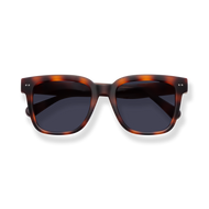 
Tortoiseshell square sunglasses with dark lenses.