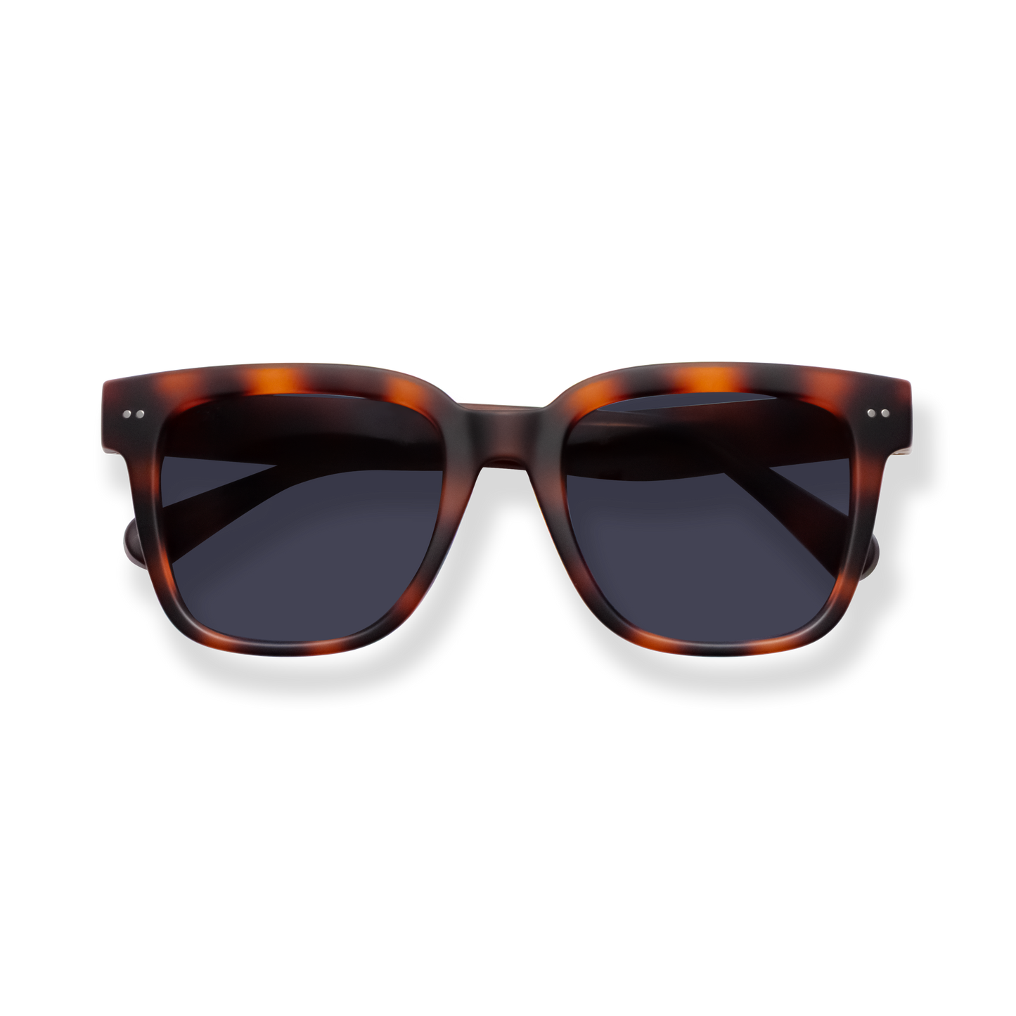 
Tortoiseshell square sunglasses with dark lenses.