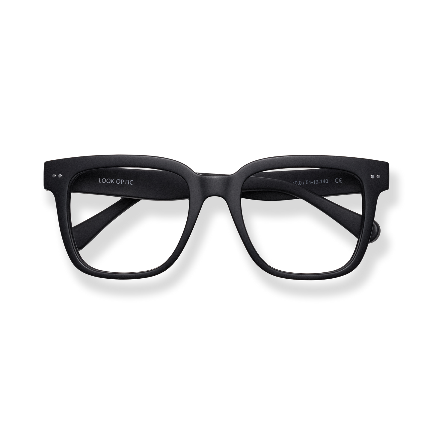 
Black square-frame reading glasses with a matte finish and wide temples.