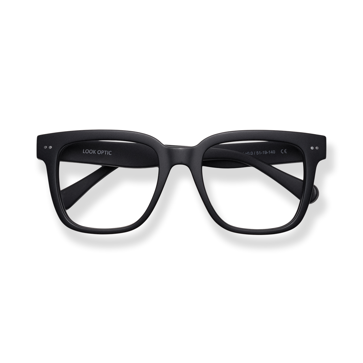 
Black square-frame reading glasses with a matte finish and wide temples.