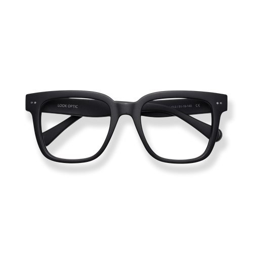 
Black square-frame reading glasses with a matte finish and wide temples.