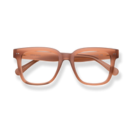 
Translucent brown square reading glasses with wide temples and rounded lenses.