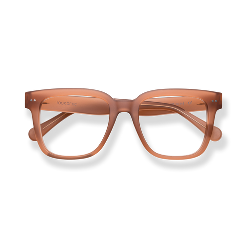 
Translucent brown square reading glasses with wide temples and rounded lenses.