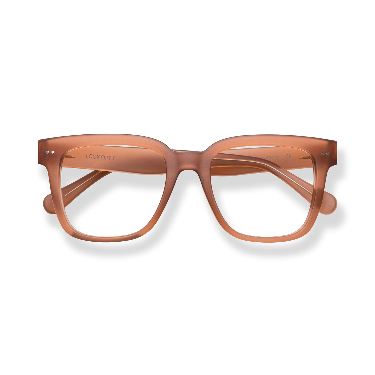 
Translucent brown square reading glasses with wide temples and rounded lenses.