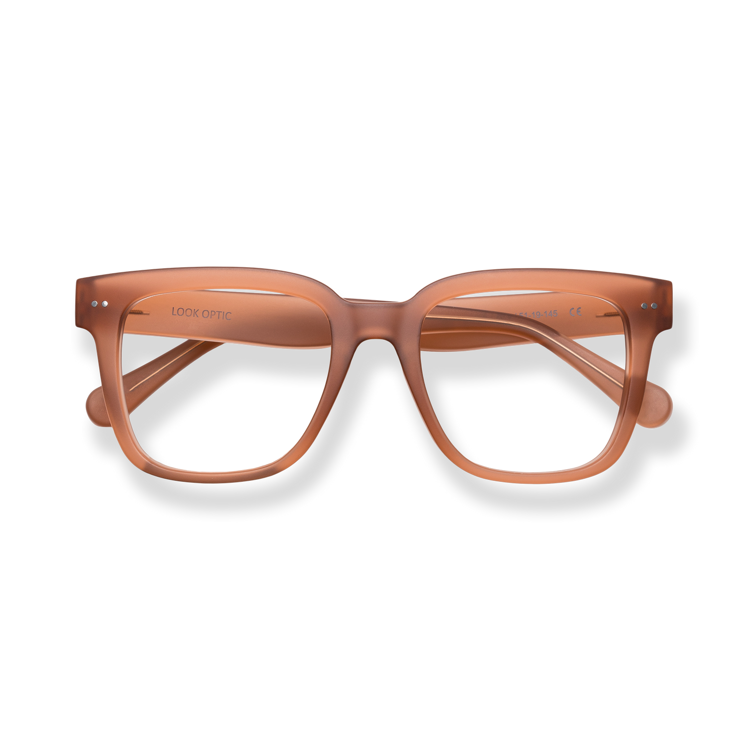 
Translucent brown square reading glasses with wide temples and rounded lenses.