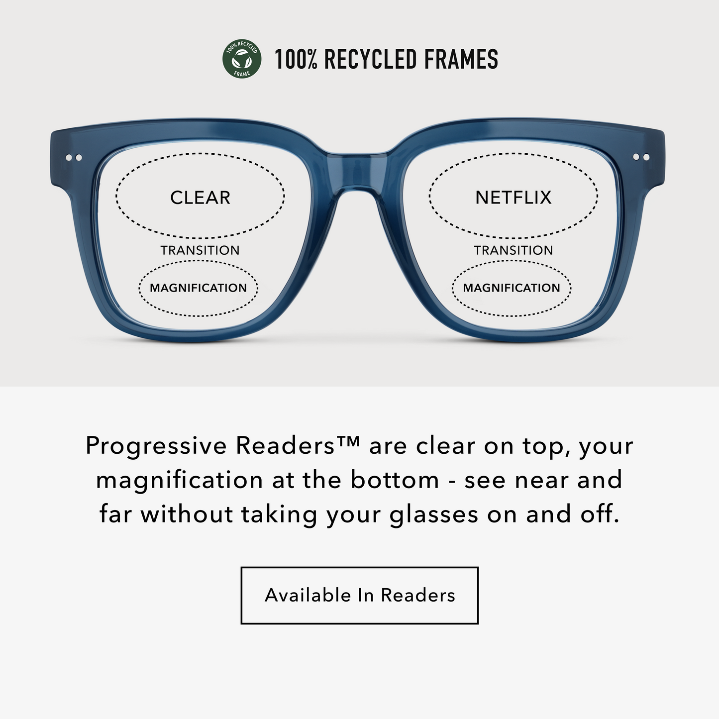 
Square shiny navy frames with clear lenses.
