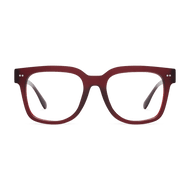 
Square burgundy eyeglass frames with a glossy finish and clear lenses.