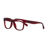 
Square dark red eyeglasses with a glossy finish and clear lenses.