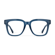 
Square shiny navy frames with clear lenses.