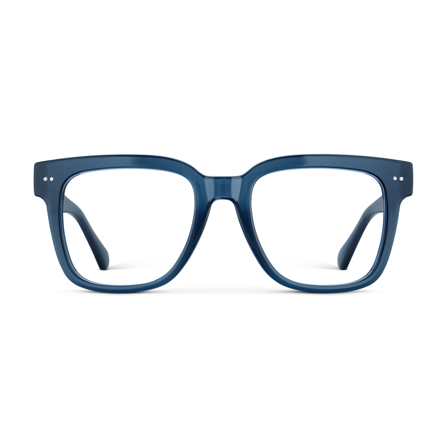 
Square shiny navy frames with clear lenses.