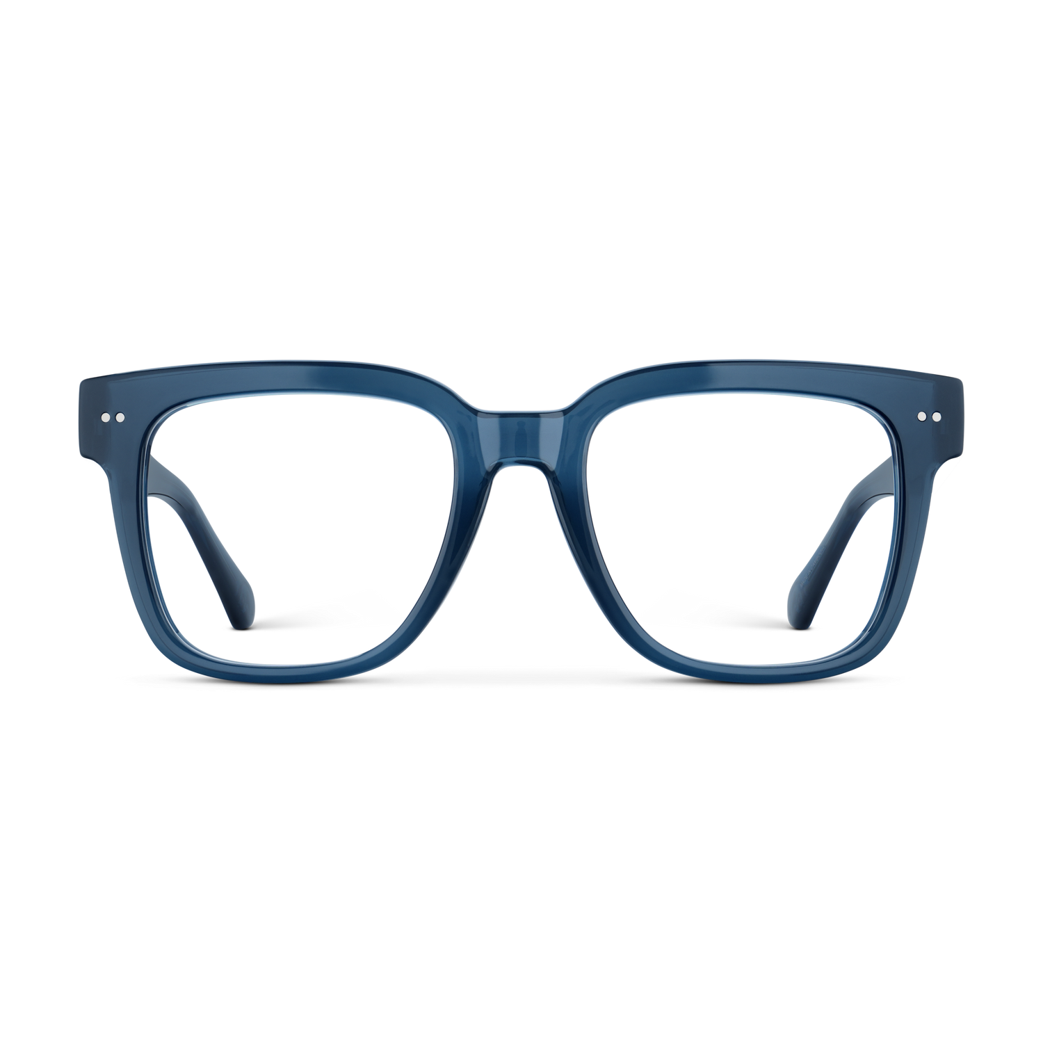 
Square shiny navy frames with clear lenses.