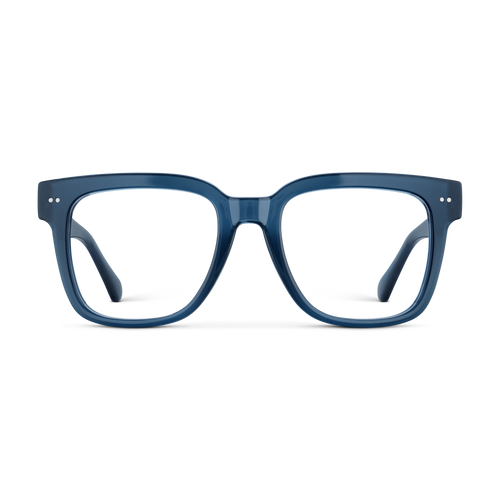 
Square shiny navy frames with clear lenses.