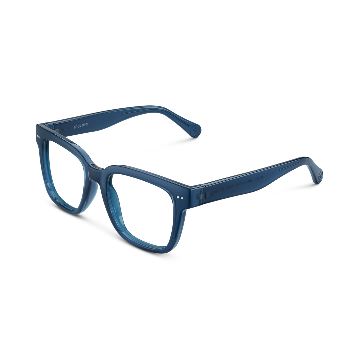 
Square shiny navy frames with a glossy finish and clear lenses.