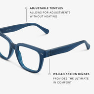 
Close-up of square shiny navy frames with clear lenses.