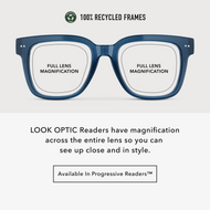 
Square shiny navy frames with clear lenses.