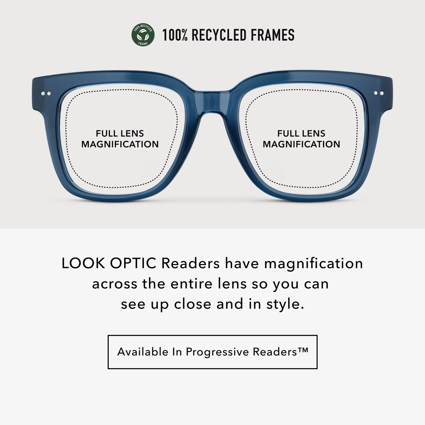 
Square shiny navy frames with clear lenses.