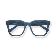
Matte navy square-frame reading glasses with clear lenses and subtle silver rivet details.