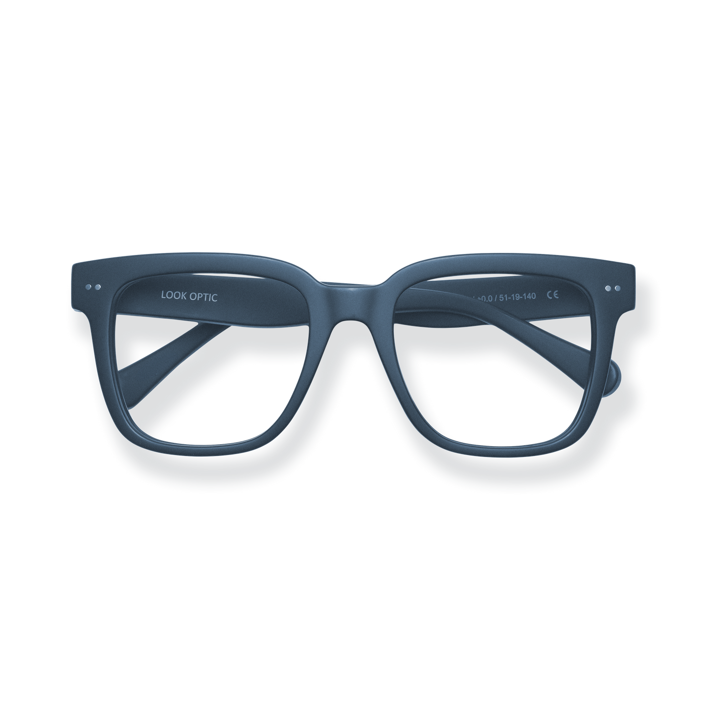
Matte navy square-frame reading glasses with clear lenses and subtle silver rivet details.