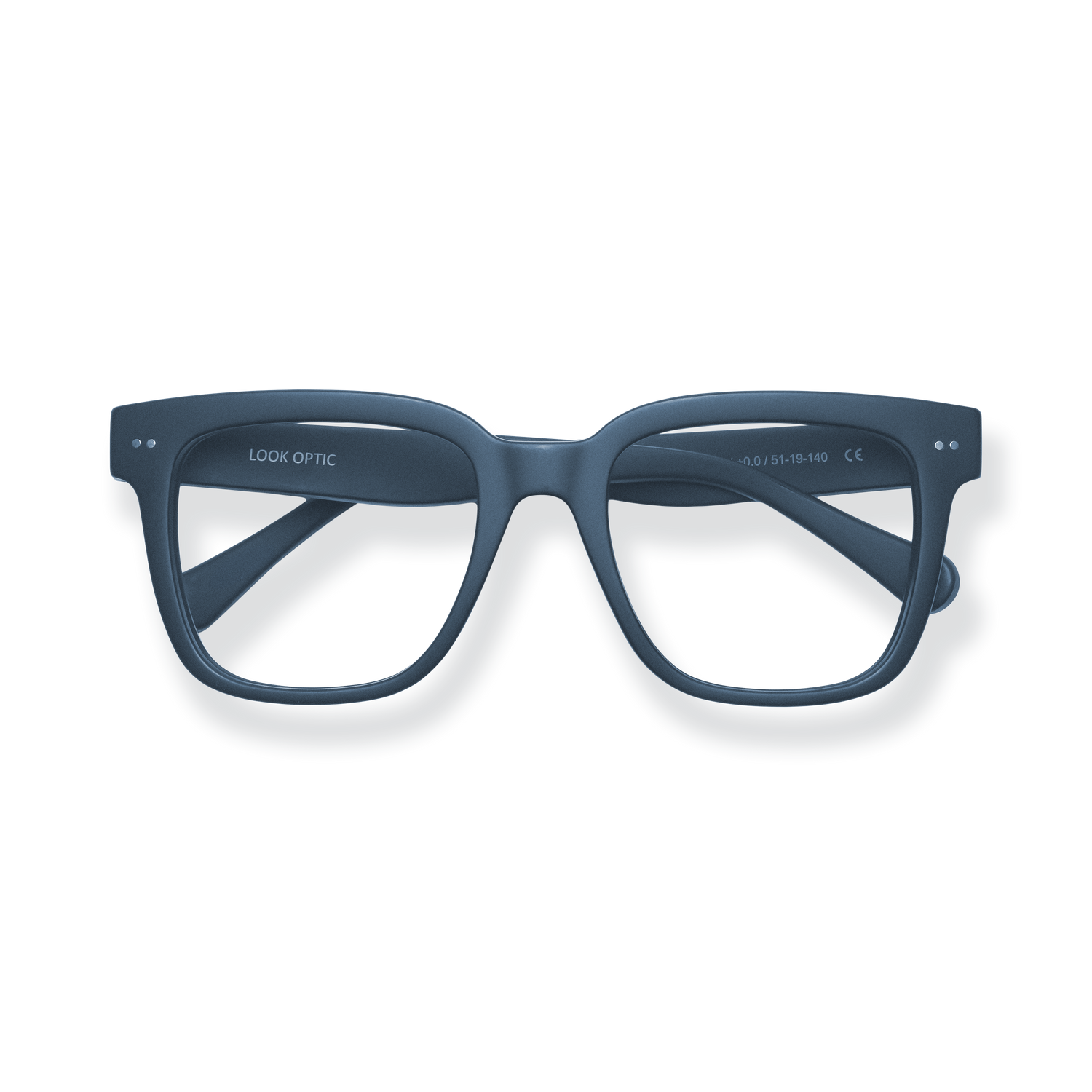 
Matte navy square-frame reading glasses with clear lenses and subtle silver rivet details.