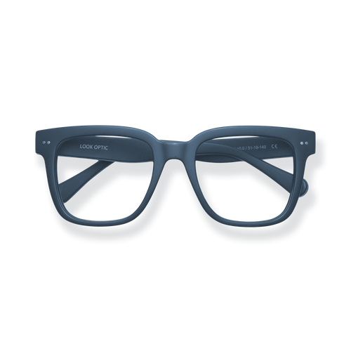 
Matte navy square-frame reading glasses with clear lenses and subtle silver rivet details.