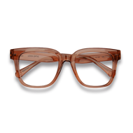 
Transparent amber square reading glasses with thick frames and gray lower rims.