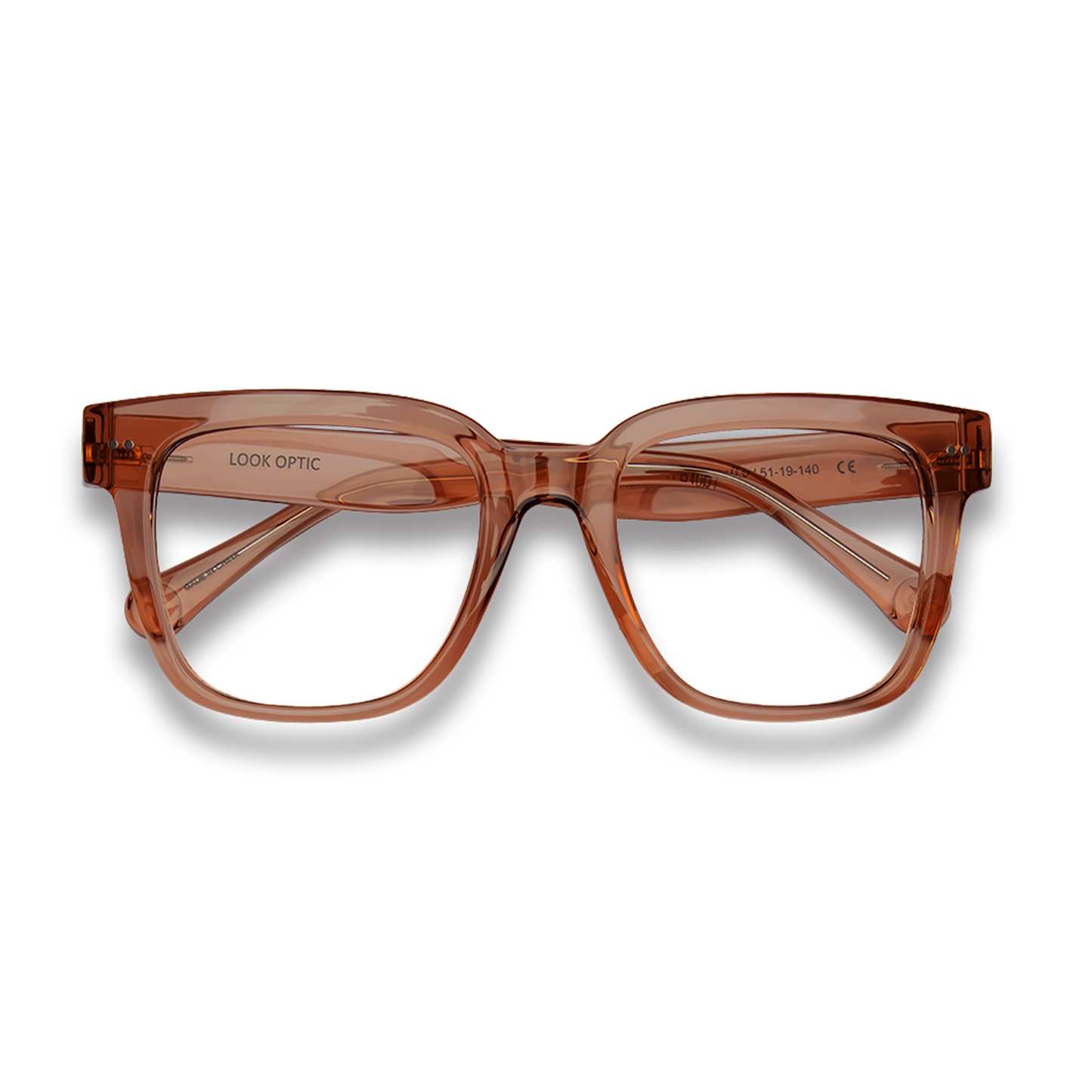 
Transparent amber square reading glasses with thick frames and gray lower rims.